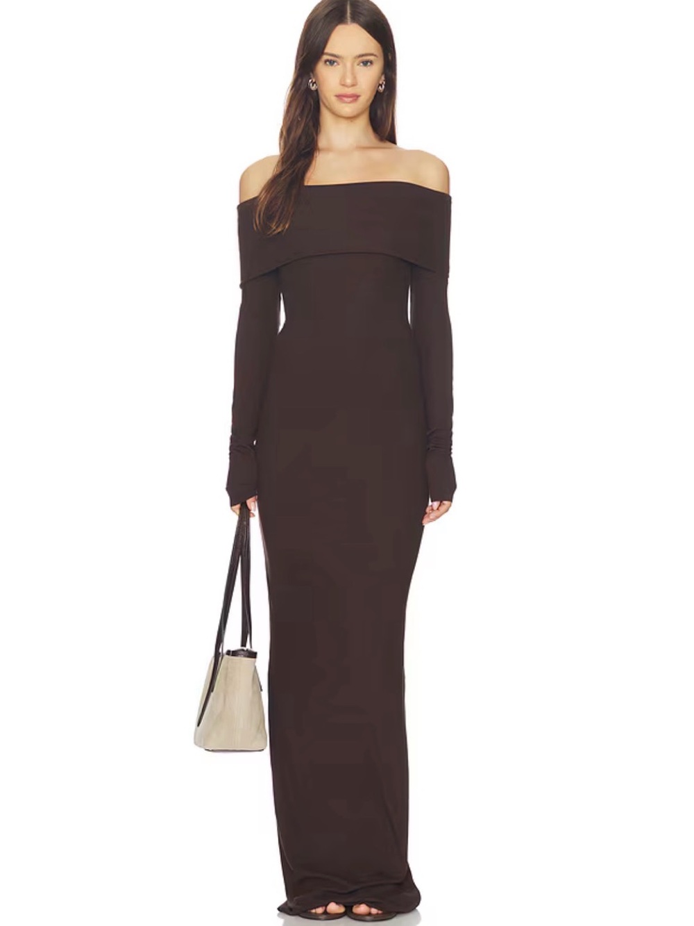 Eterne Off-Shoulder Long Sleeve Maxi Dress in Dark Brown